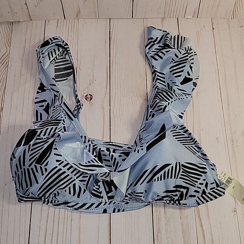 Aerie Women's Ruffle Trim Triangle Bikini Top Blue and Black Size L NWT